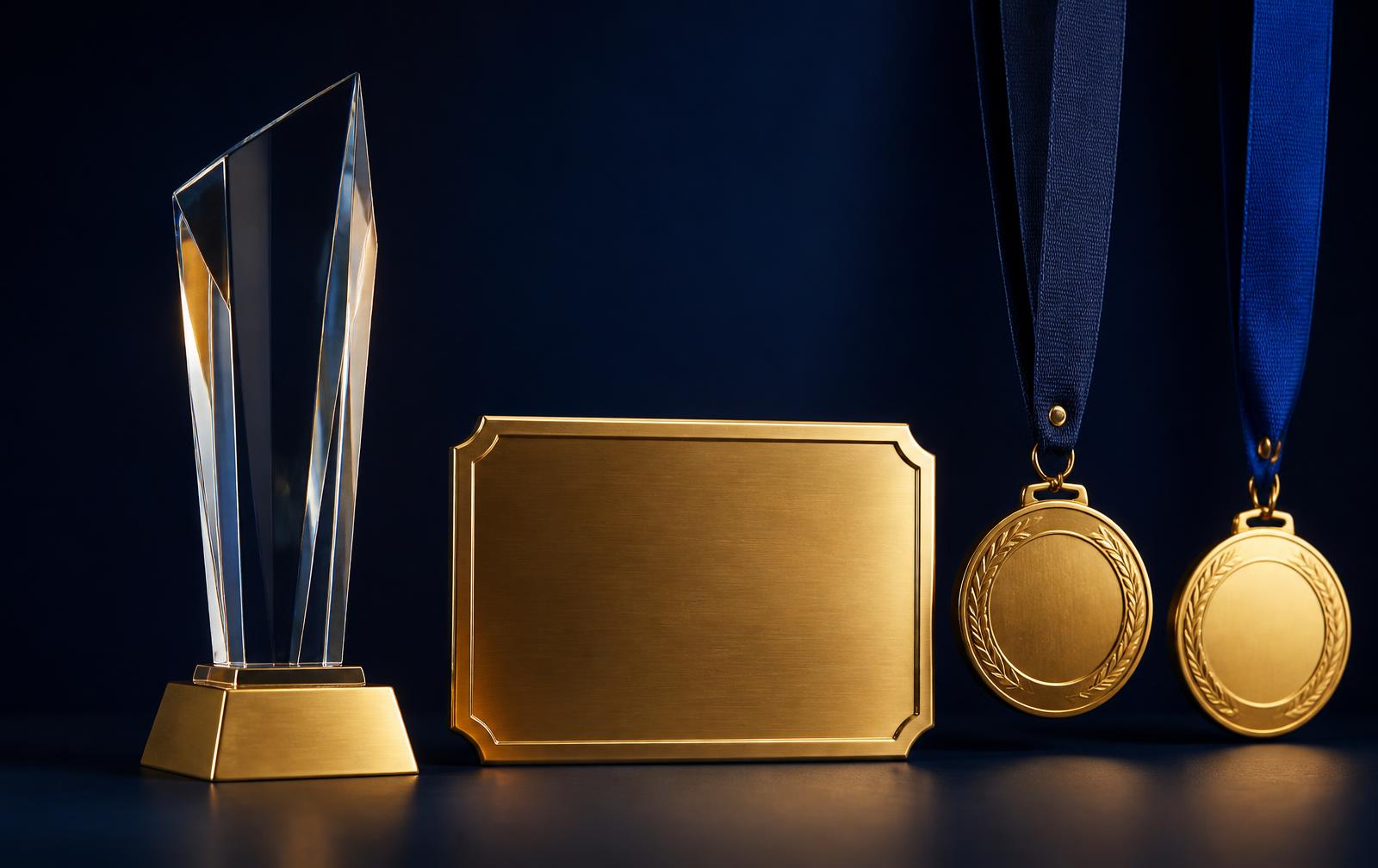 Close-up of a blank trophy and medal in brushed metal, representing trophy and medal production