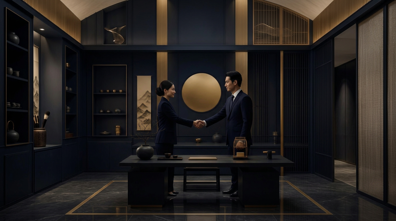 A handshake and cultural objects representing business consulting that bridges Japan and China