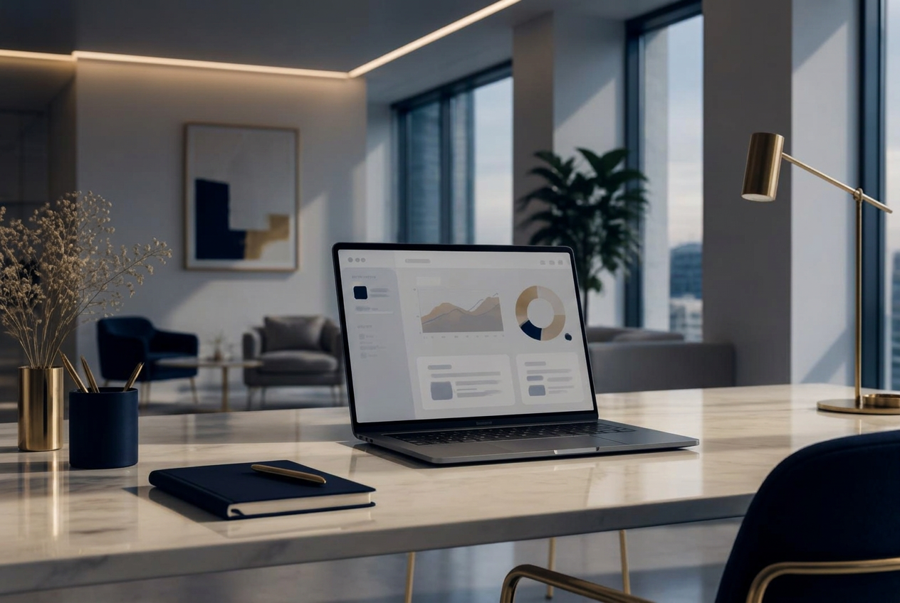 Abstract responsive website interfaces and dashboard panels representing web and software development