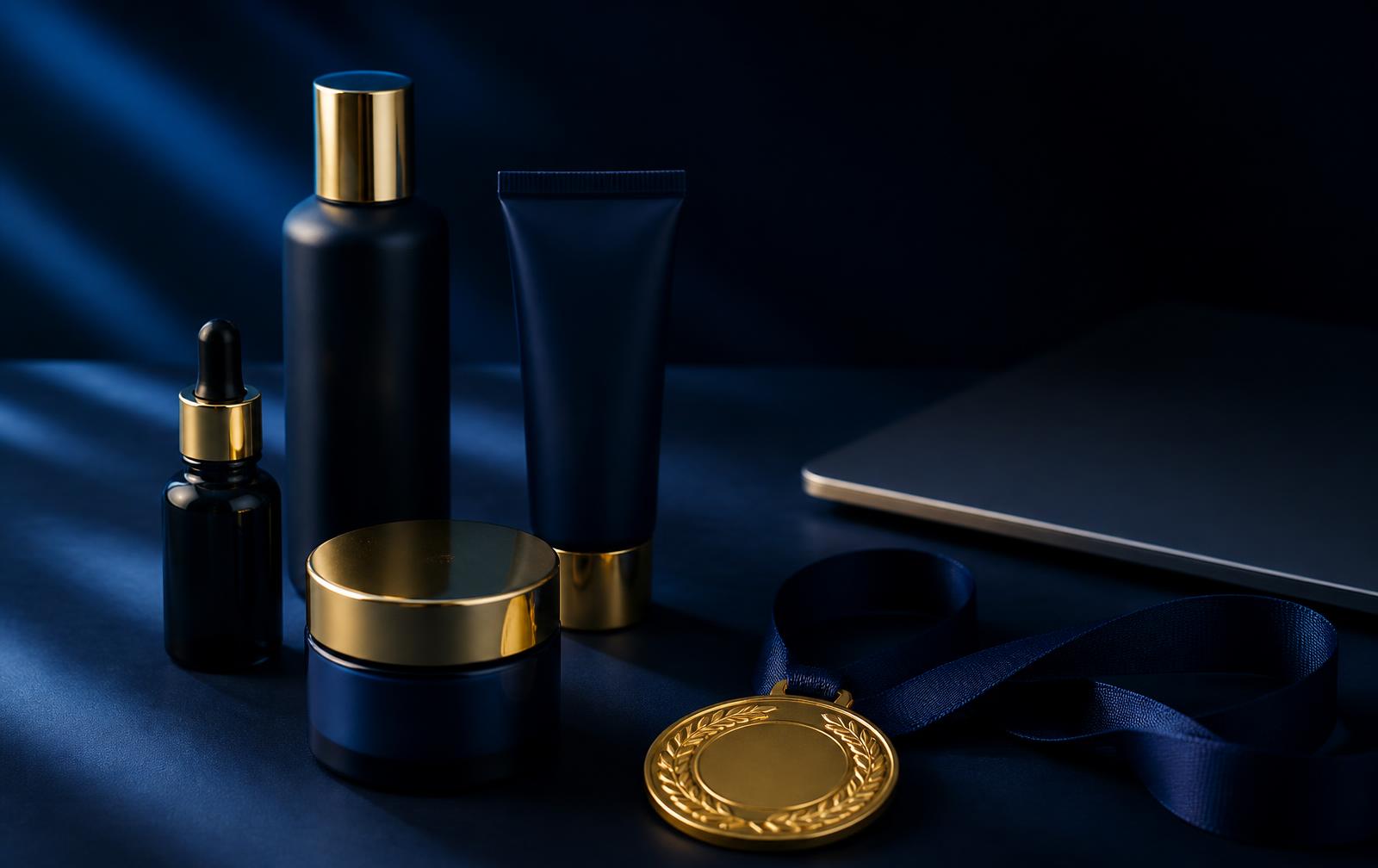 Editorial composition of unbranded personal care products, a blank trophy medal and abstract website interfaces representing the business fields of 元来株式会社