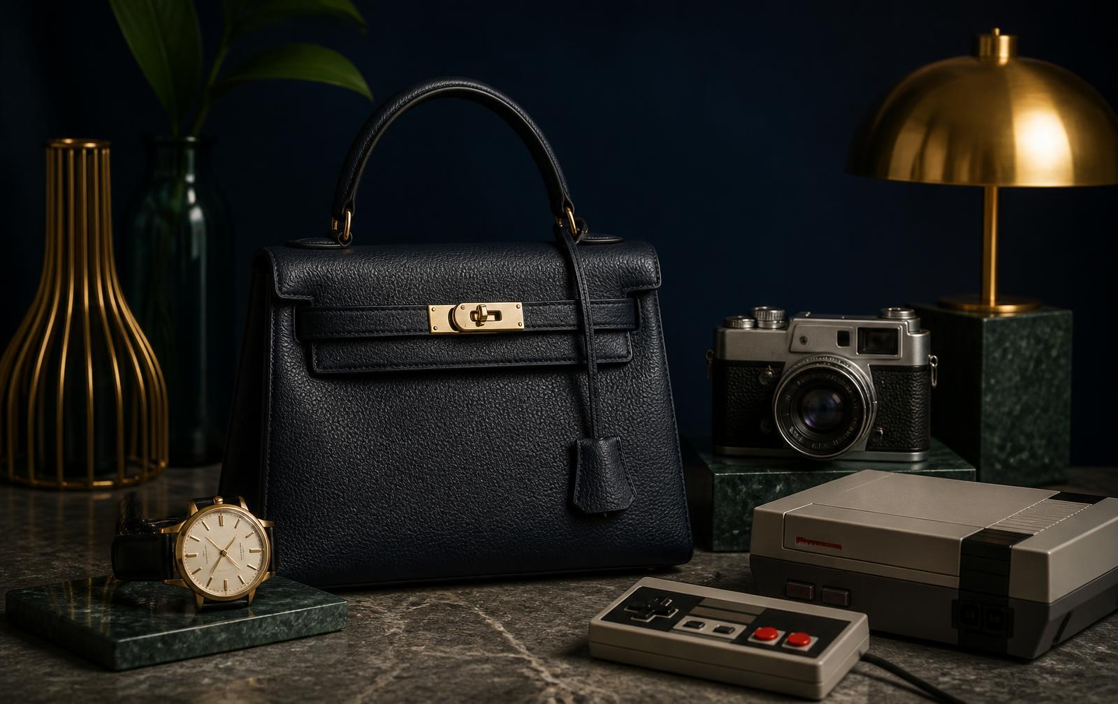 A curated arrangement of a pre-owned brand bag, wristwatch, game console and camera representing the pre-owned business