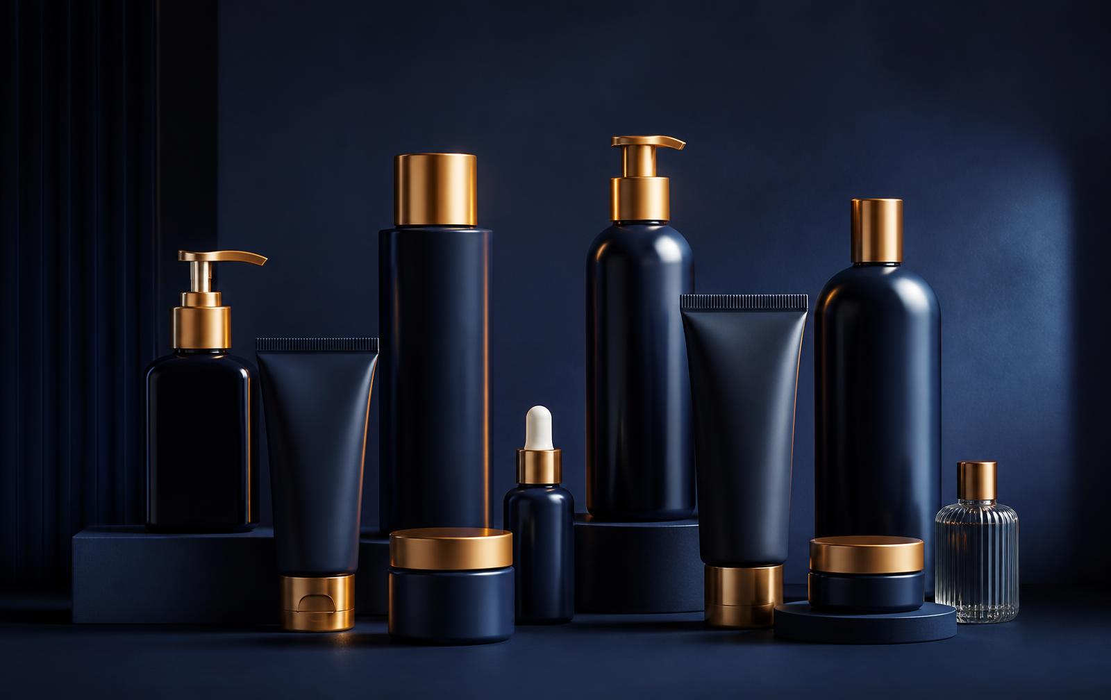 Unbranded cosmetics, hair care, oral care and household goods arranged in a geometric composition, representing product trading